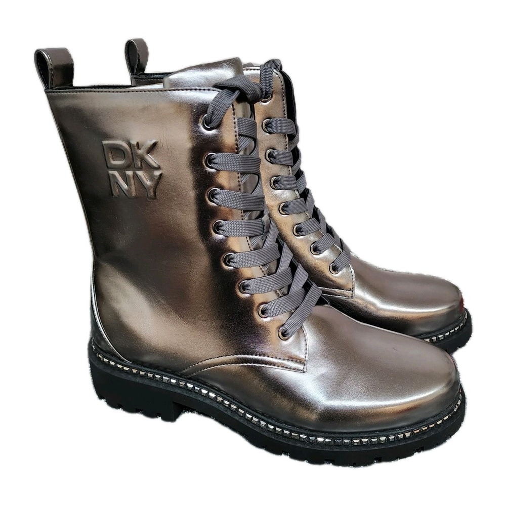 DKNY Women Rommily Lace Up Combat Boots Size US 11 M Grey Metallic Faux Leather
